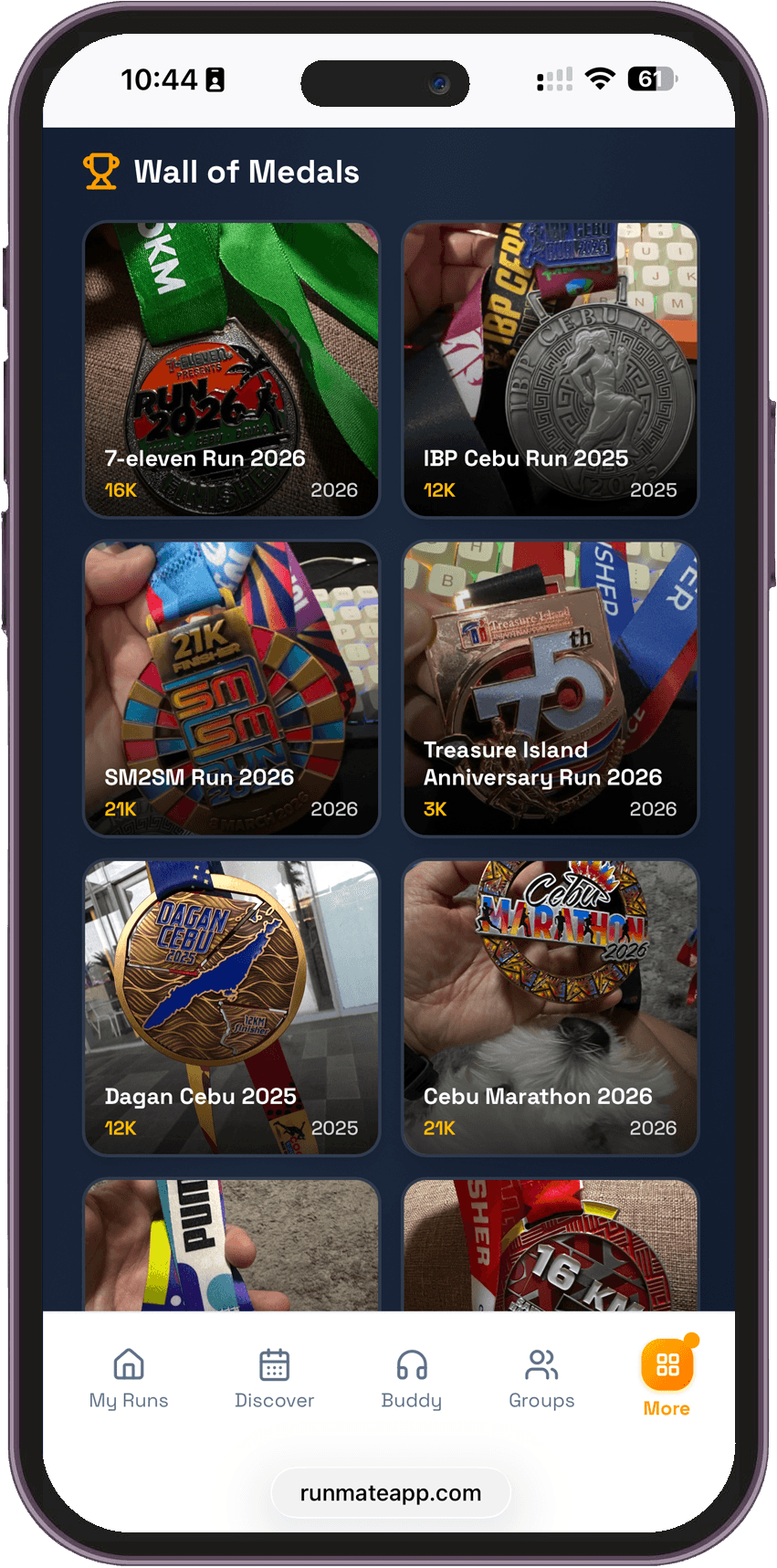 RunMate medal wall — your race history displayed like trophies