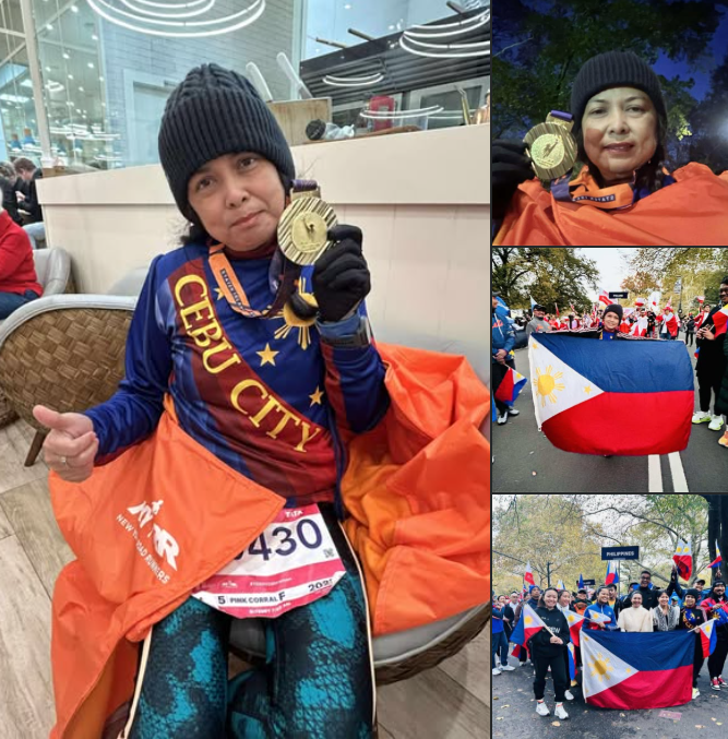 Imee of Fleet Runners of Cebu at the 2025 TCS New York City Marathon Parade of Nations wearing a Cebu City sash and carrying the Philippine flag in Central Park