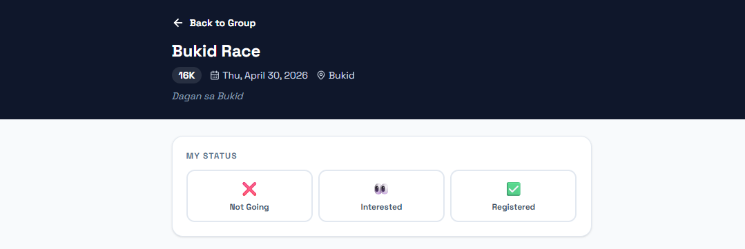 RunMate Groups race scheduling with interested, registered, and not coming RSVP options